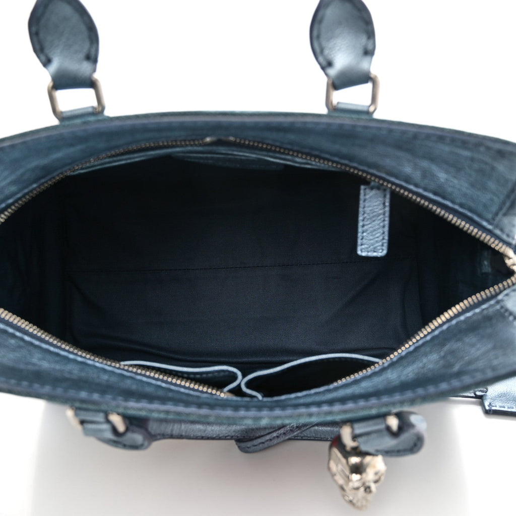 Denim Floral Embroidered Small Skull Padlock Zip Around Tote Blue Multicolor