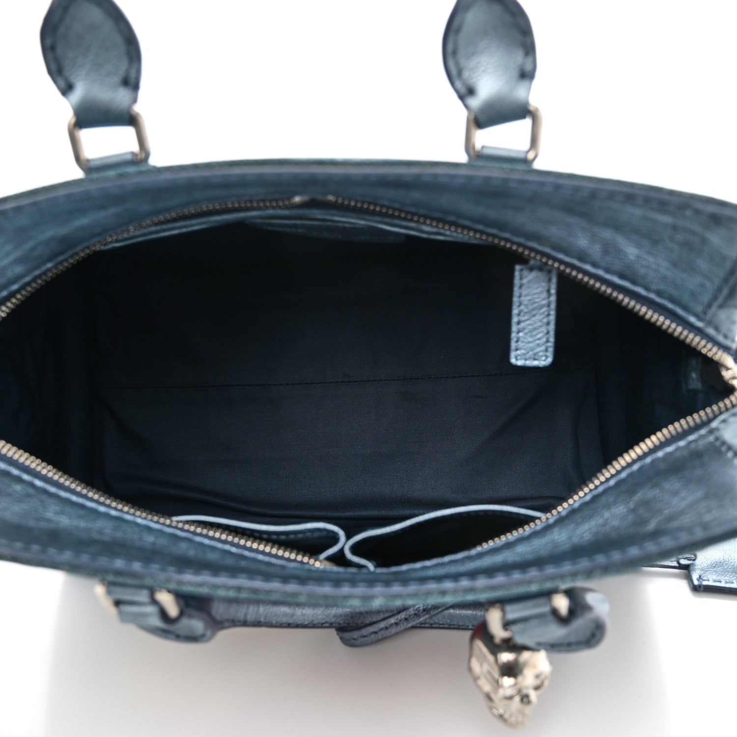 Denim Floral Embroidered Small Skull Padlock Zip Around Tote Blue Multicolor