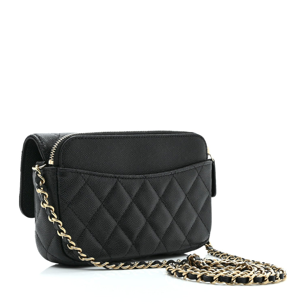 Caviar Quilted Flap Phone Holder With Chain Black