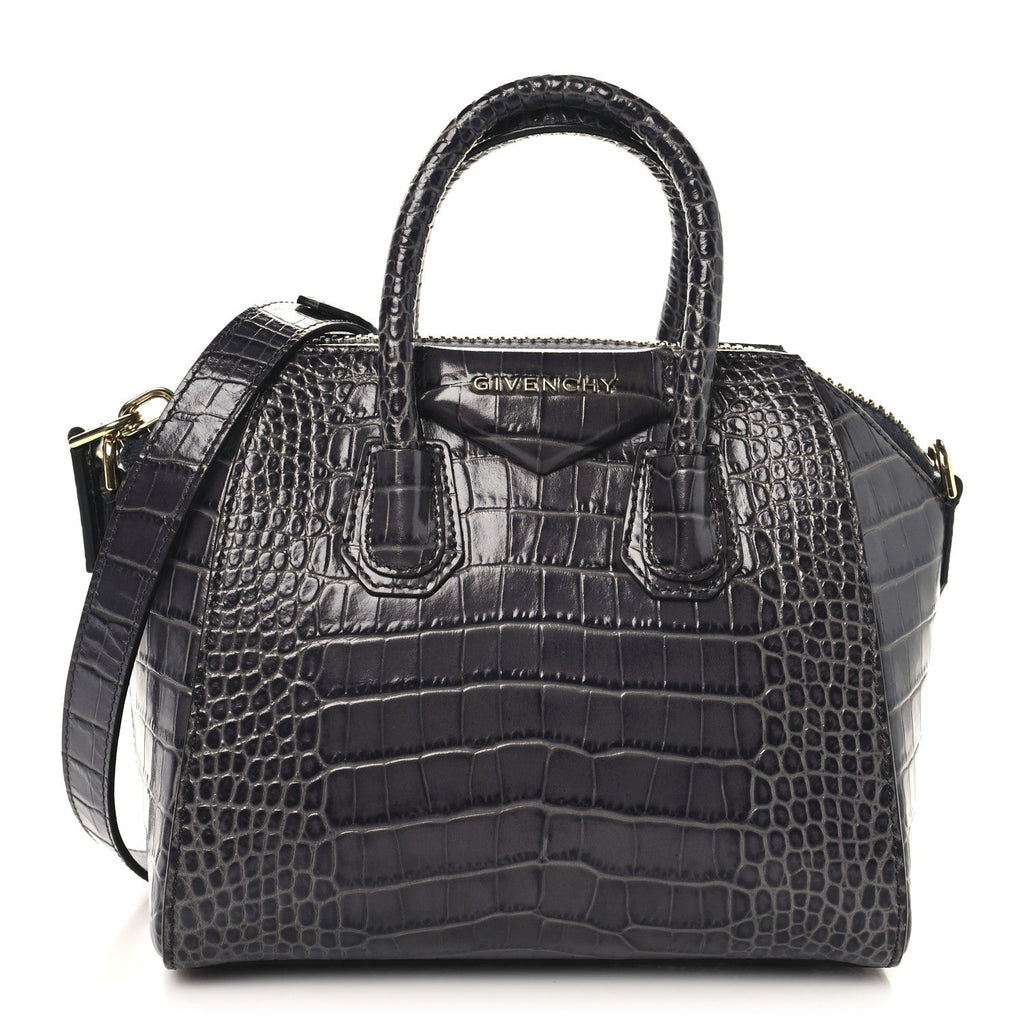 Calfskin Crocodile Embossed Mini Antigona Storm Grey