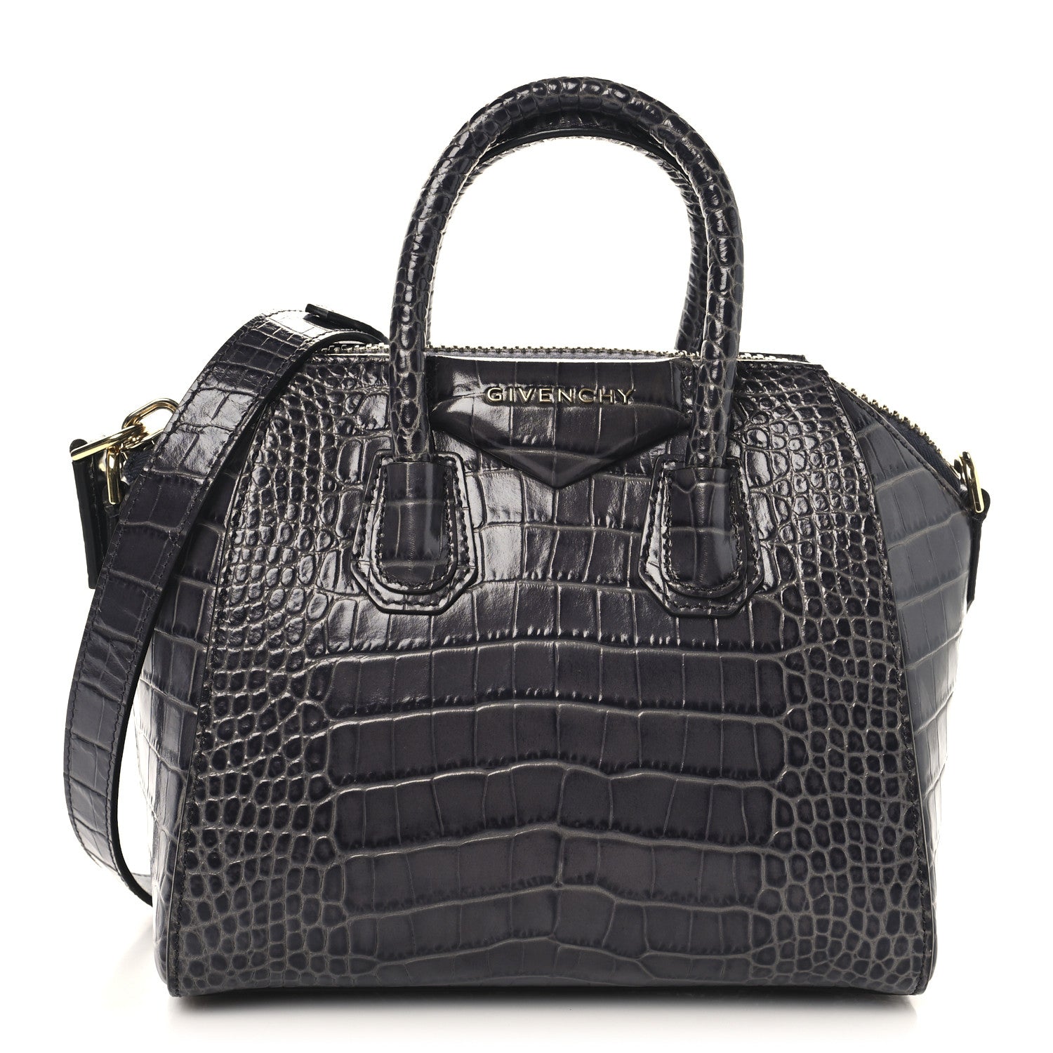 Calfskin Crocodile Embossed Mini Antigona Storm Grey