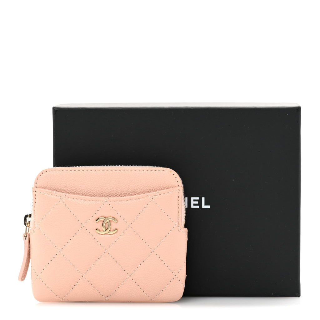 Caviar Quilted Zip Card Holder Wallet Light Pink