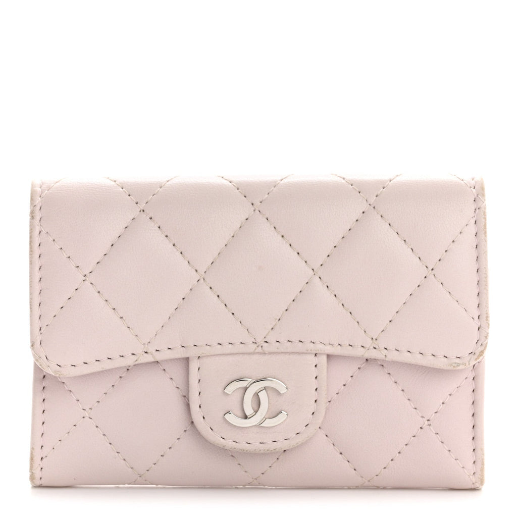 Lambskin Quilted Flap Card Holder Light Pink