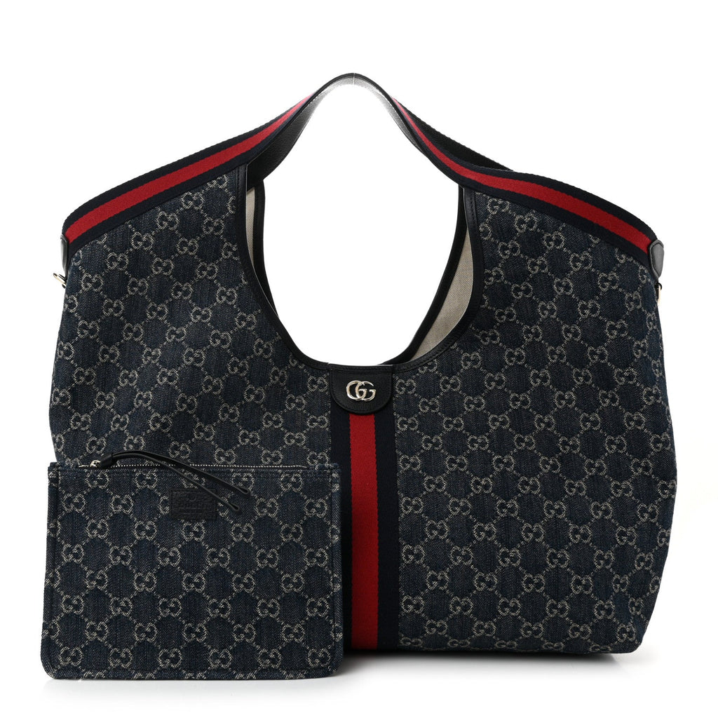 Denim GG Monogram Web Large Giglio Tote Blue