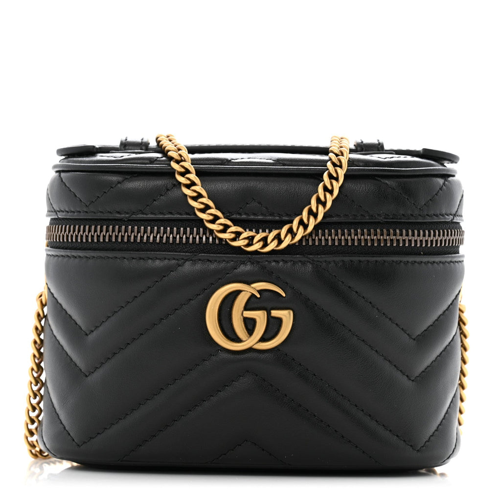 Calfskin Matelasse Chevron Mini GG Marmont Top Handle Bag Black