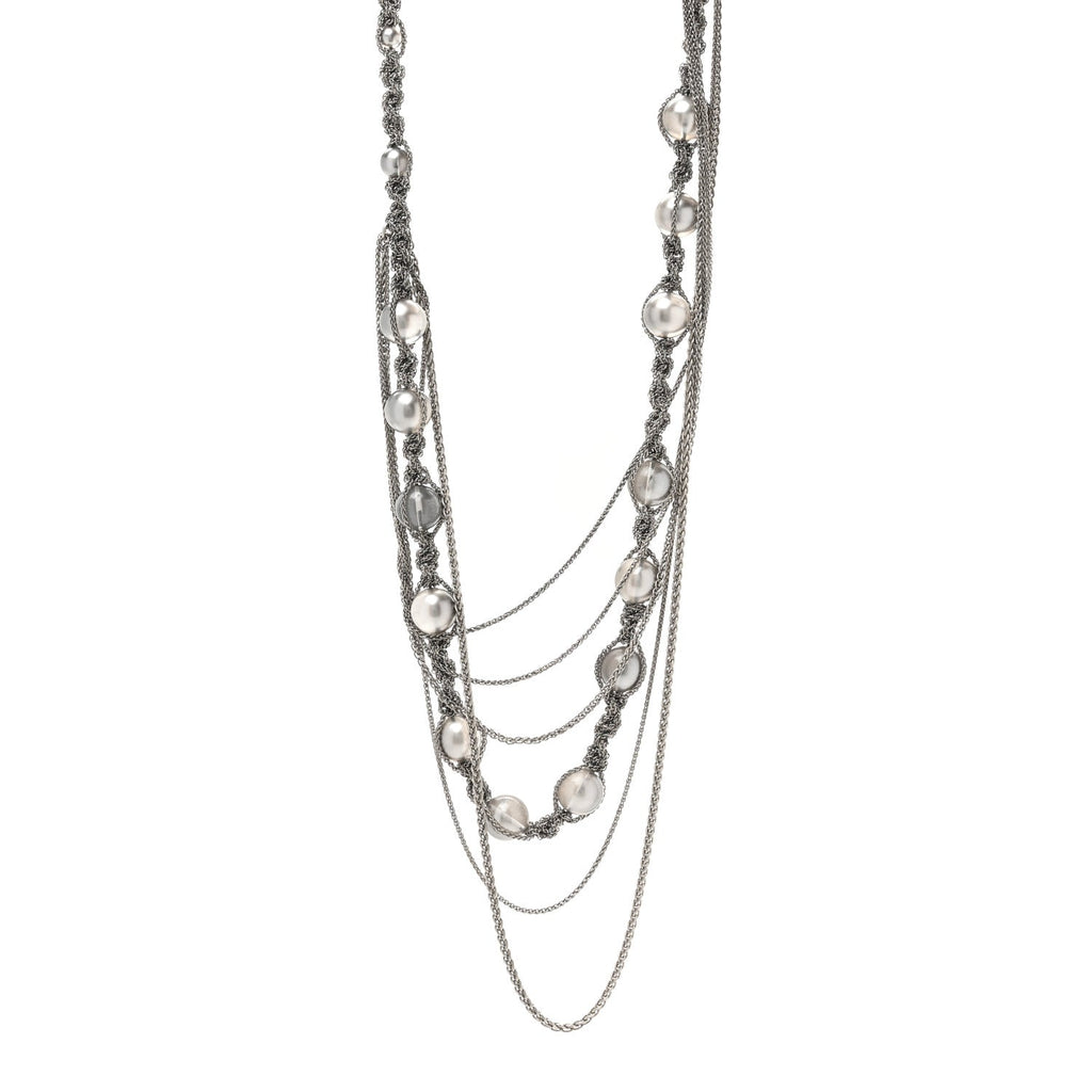 Crystal Pearl Multi Strand Chain CC Long Necklace  Silver
