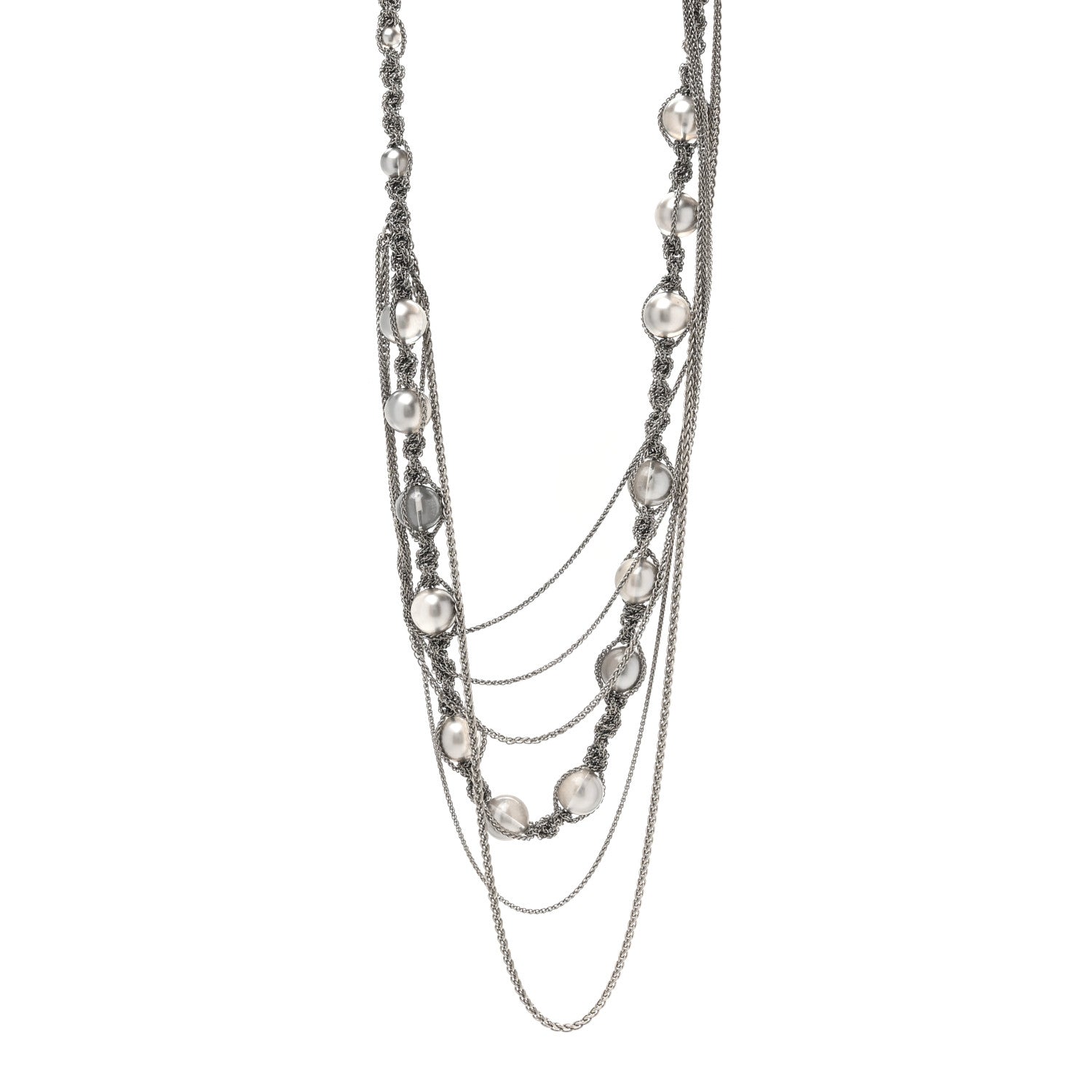 Crystal Pearl Multi Strand Chain CC Long Necklace  Silver