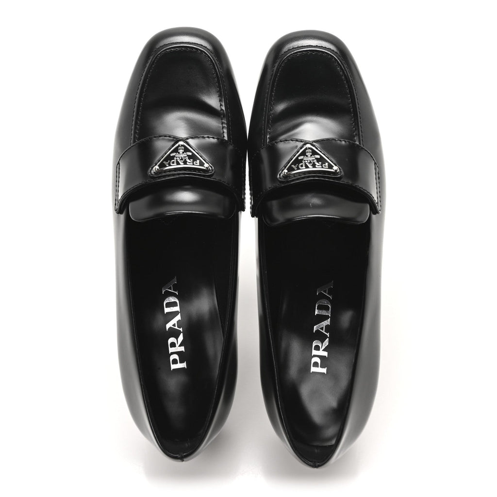 Brushed Calfskin Metal Triangle Logo 20mm Loafers 36.5 Black