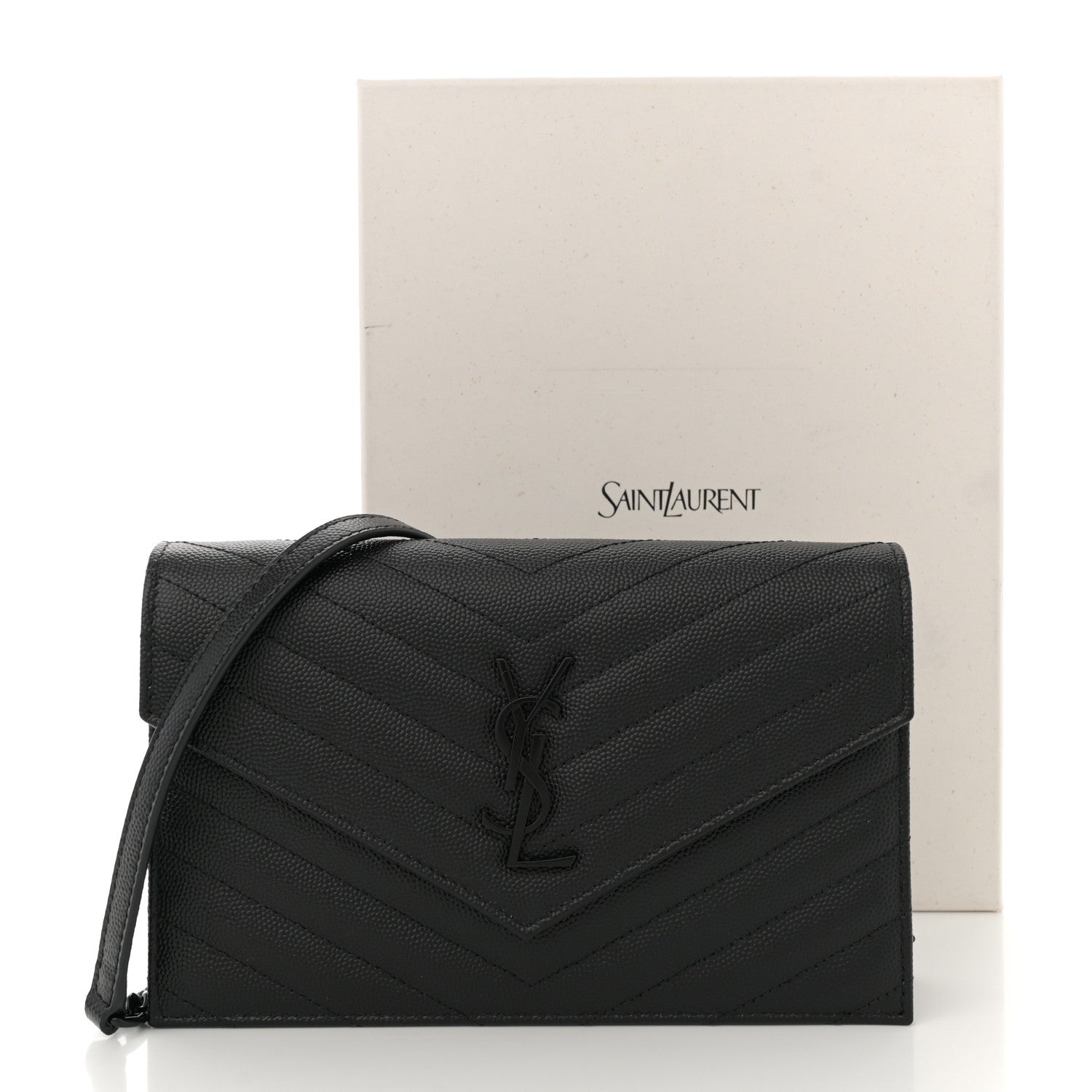 Grain De Poudre Matelasse Chevron Monogram Monochrome Envelope Chain Wallet Black