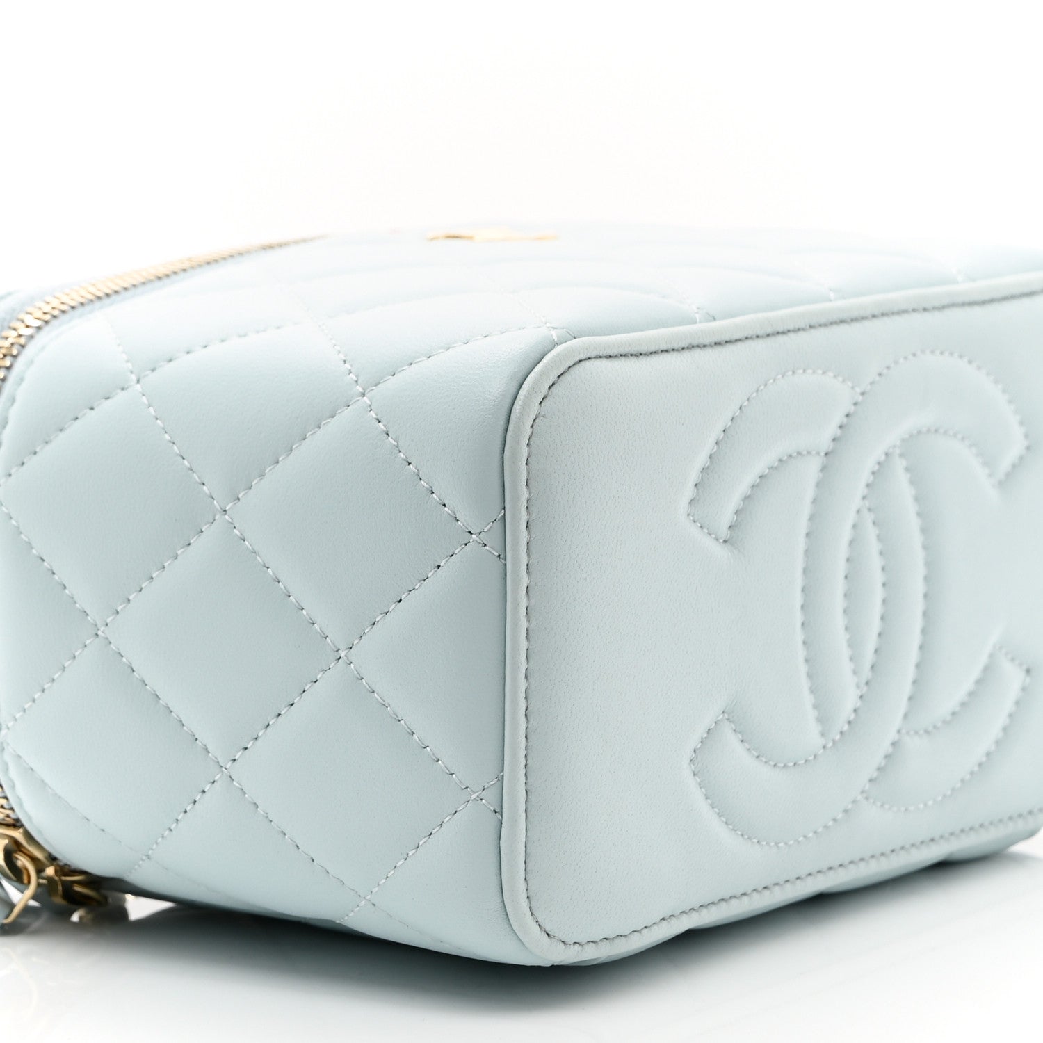 Lambskin Quilted Small Top Handle Vanity Case With Chain Light Blue