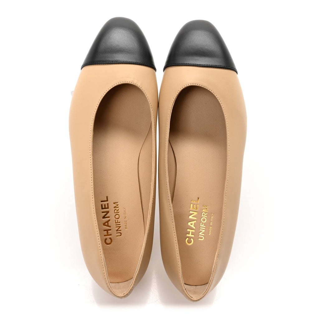 Lambskin Cap Toe CC Uniform Ballerina Flats 37.5 Beige Black