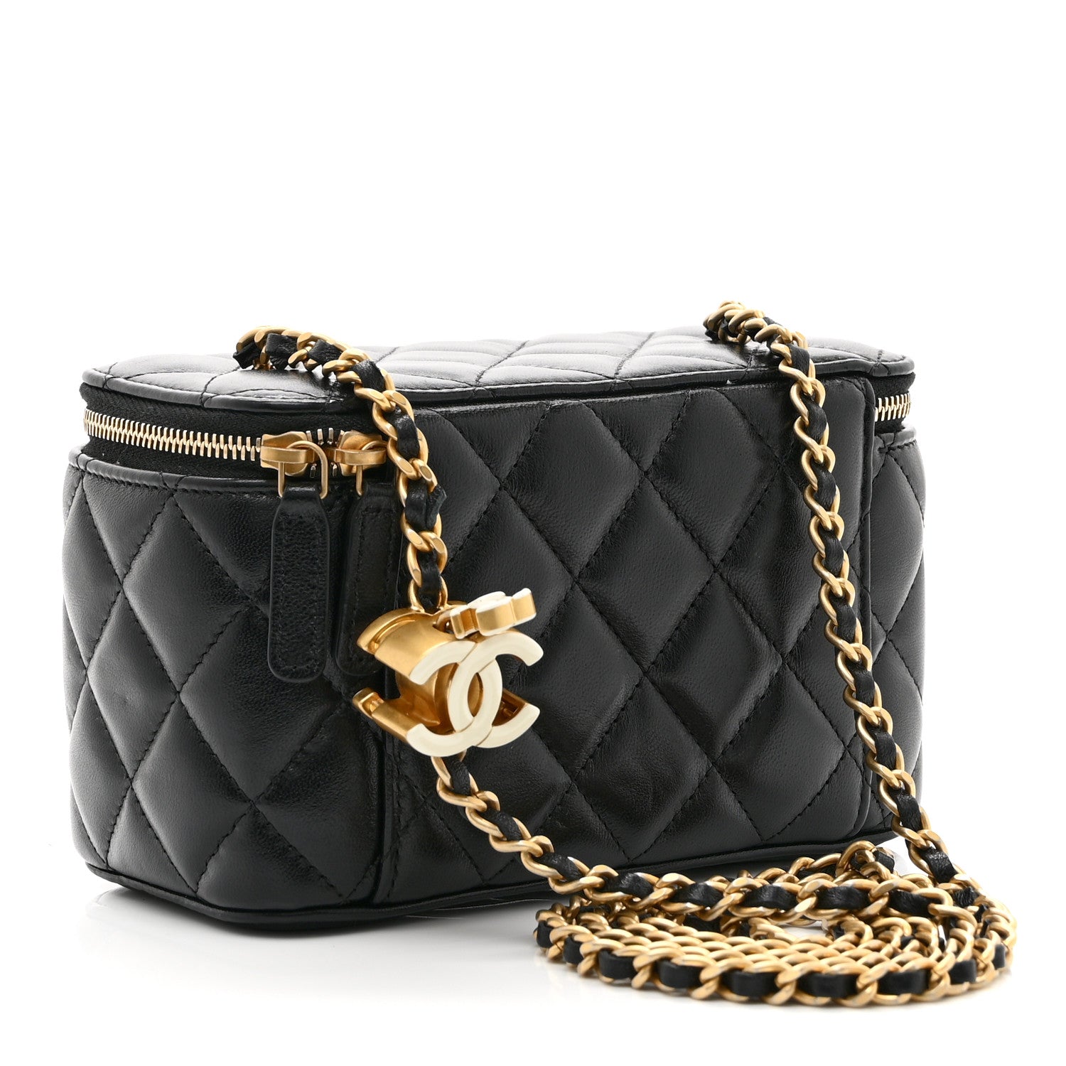 Lambskin Enamel Quilted Small Vanity Case With Chain Black