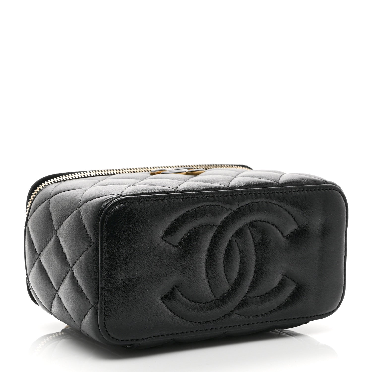 Lambskin Enamel Quilted Small Vanity Case With Chain Black
