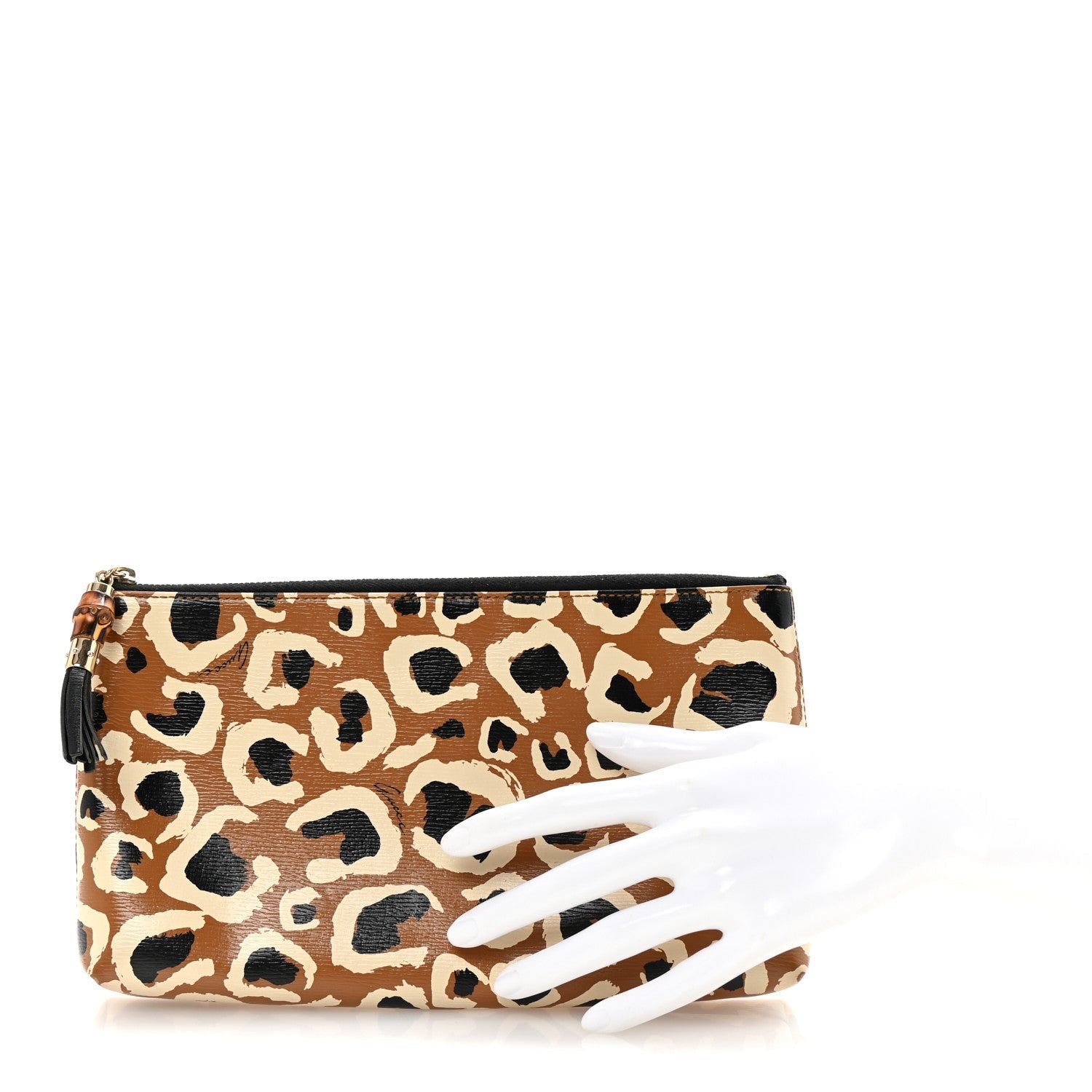 Calfskin Leopard Printed Large Pouch Tobacco