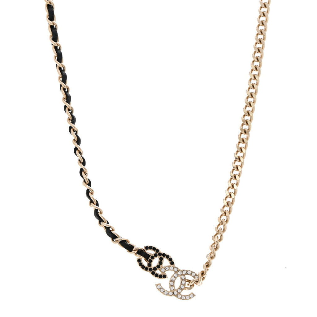 Metal Calfskin Crystal Double CC Short Necklace Black Gold