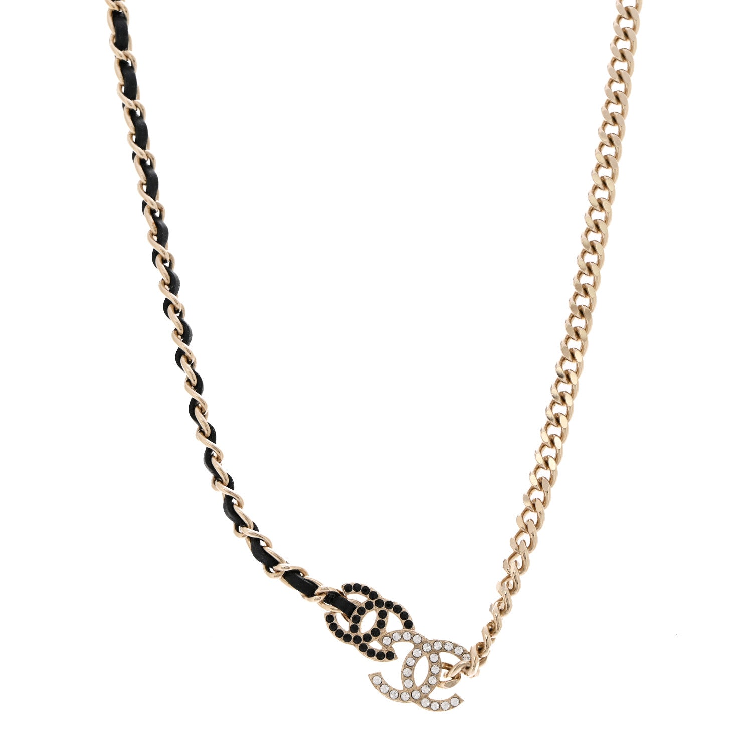 Metal Calfskin Crystal Double CC Short Necklace Black Gold