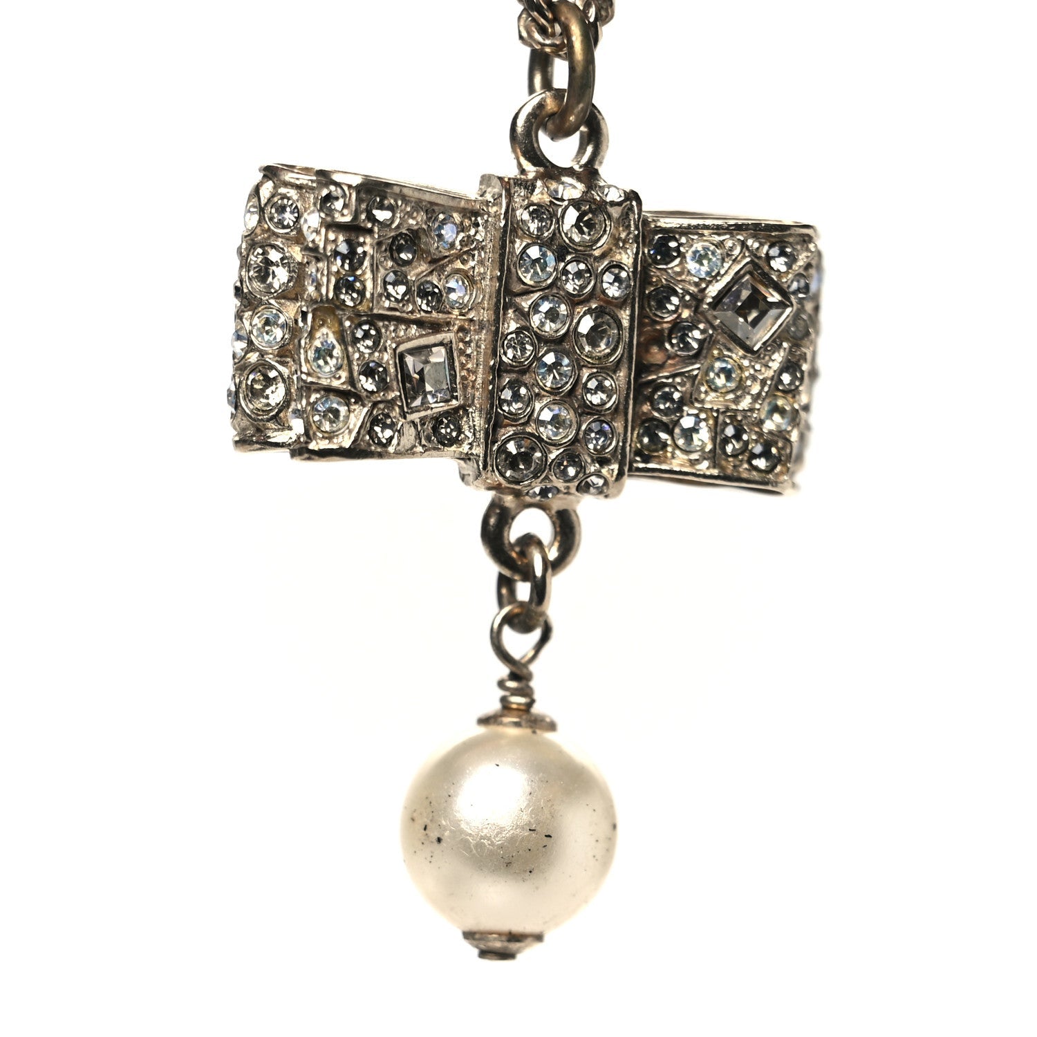 Metal Crystal Pearl CC Bow Necklace Gold