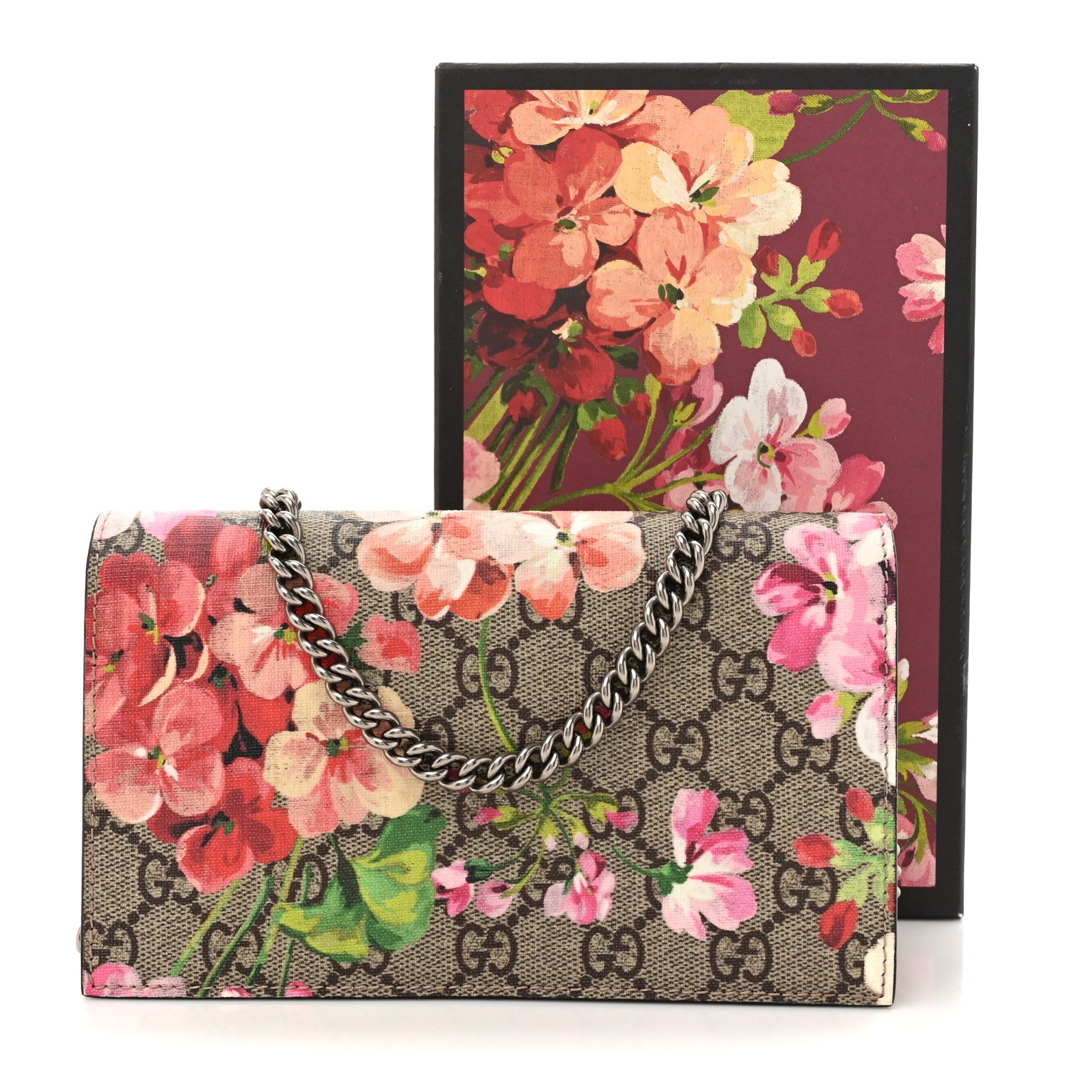 GG Supreme Monogram Blooms Chain Wallet Beige Multicolor Dry Rose