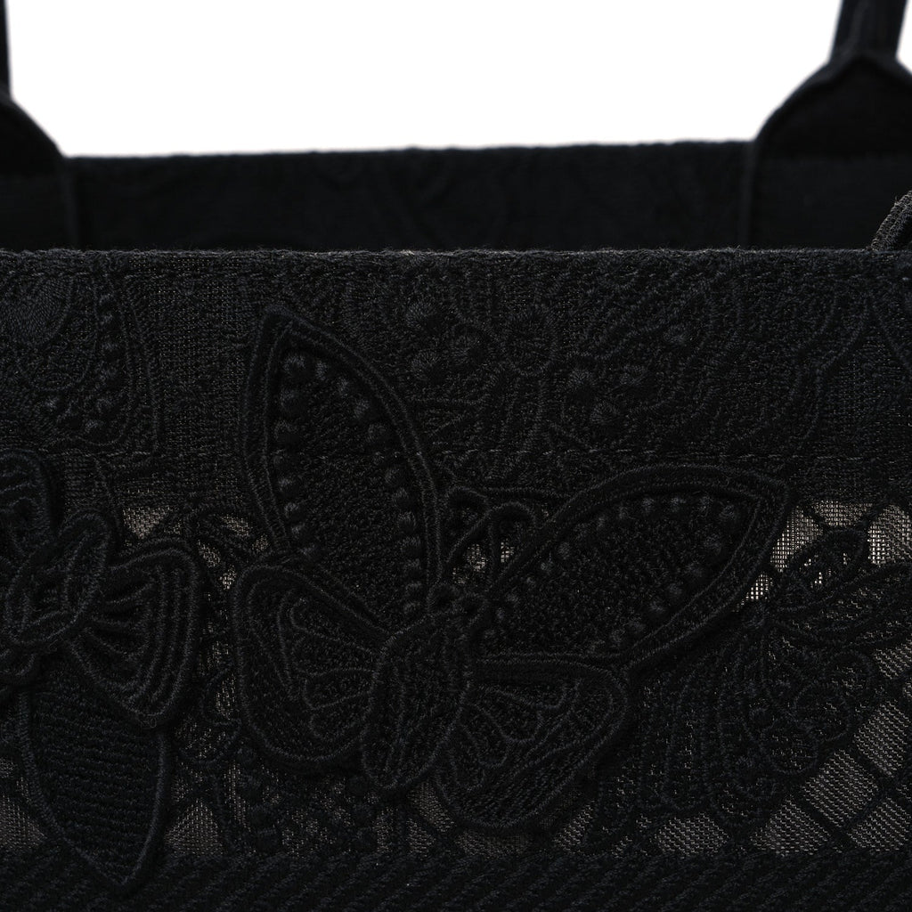 Embroidered 3D Macrame D-Lace Butterfly Medium Book Tote Black