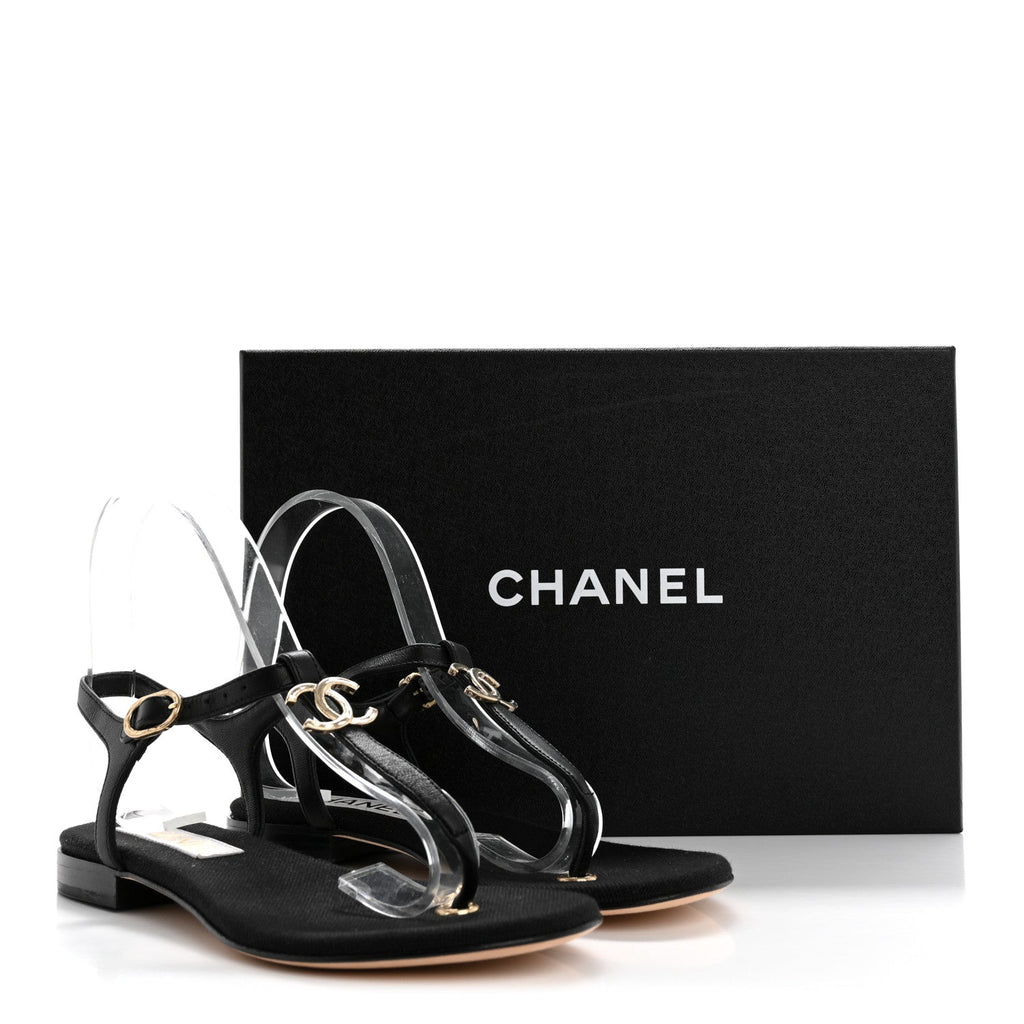 Lambskin CC Logo Thong Sandals 36 Black