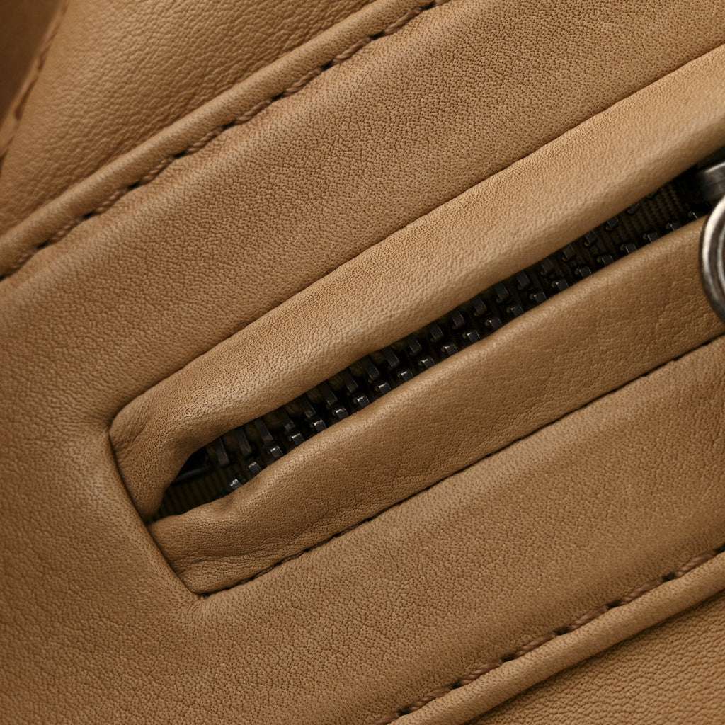 Calfskin Stitched Double Zip Hobo Beige