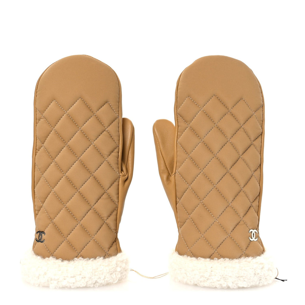 Lambskin Nylon Quilted CC Mittens S Beige