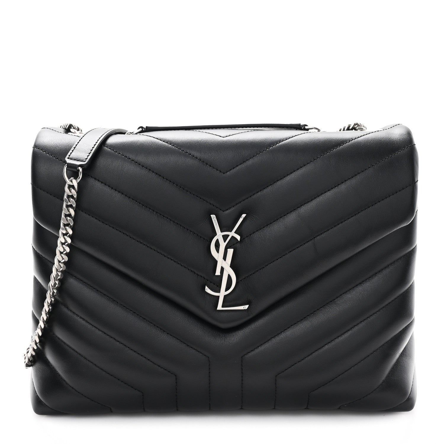 Calfskin Y Quilted Monogram Medium Loulou Chain Satchel Black