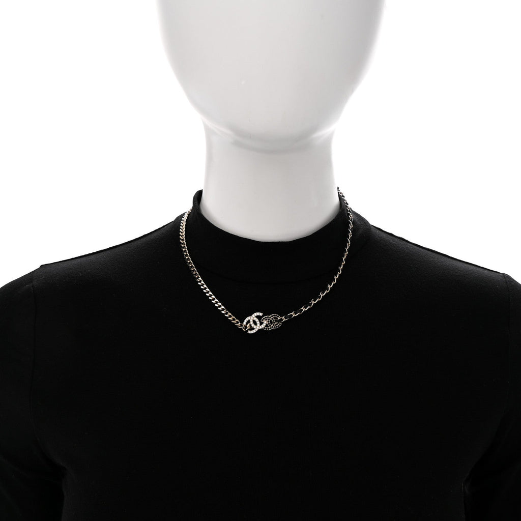 Metal Calfskin Crystal Double CC Short Necklace Black Gold