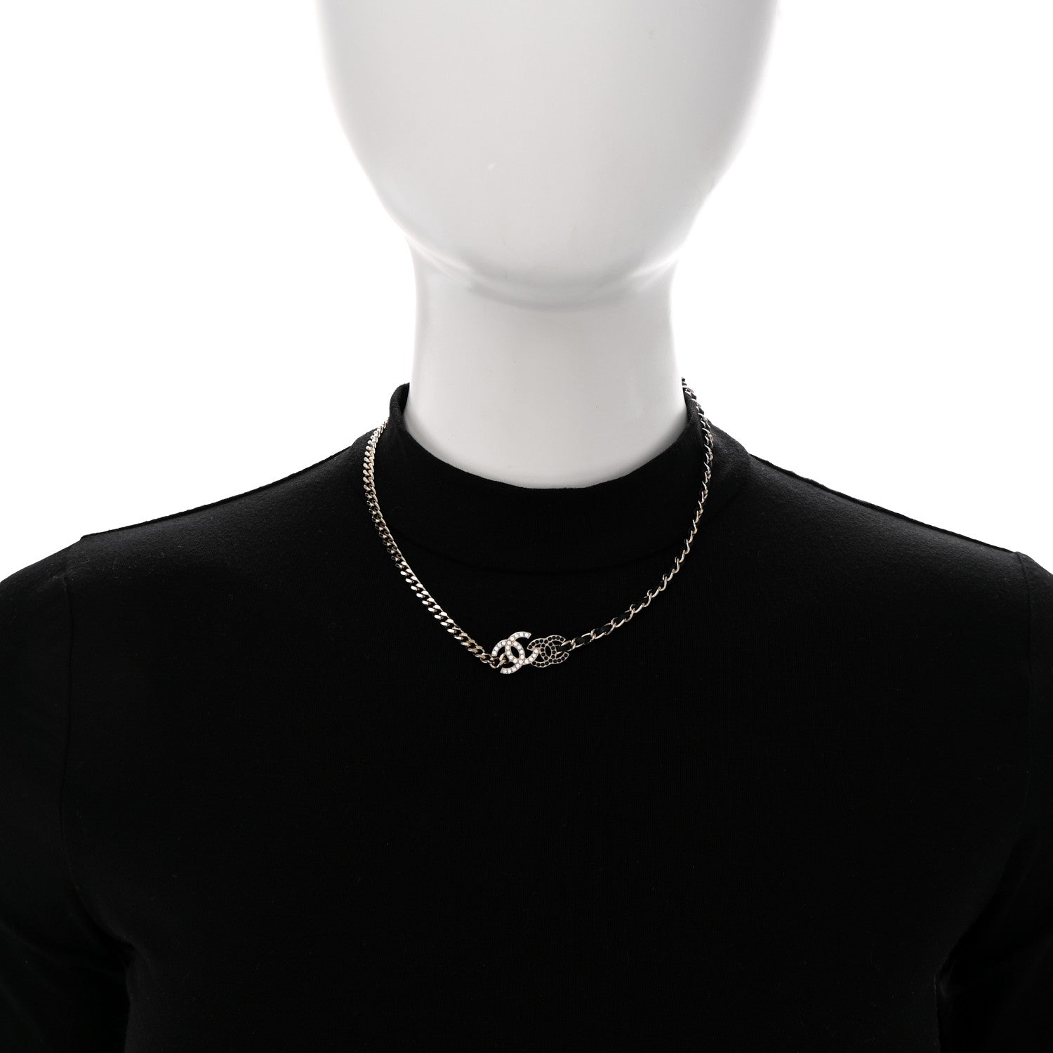 Metal Calfskin Crystal Double CC Short Necklace Black Gold