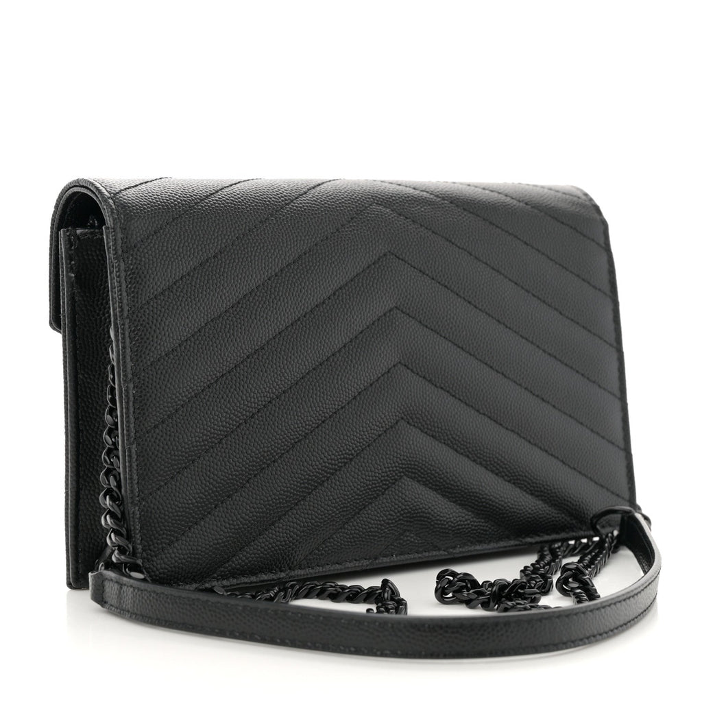 Grain De Poudre Matelasse Chevron Monogram Monochrome Envelope Chain Wallet Black