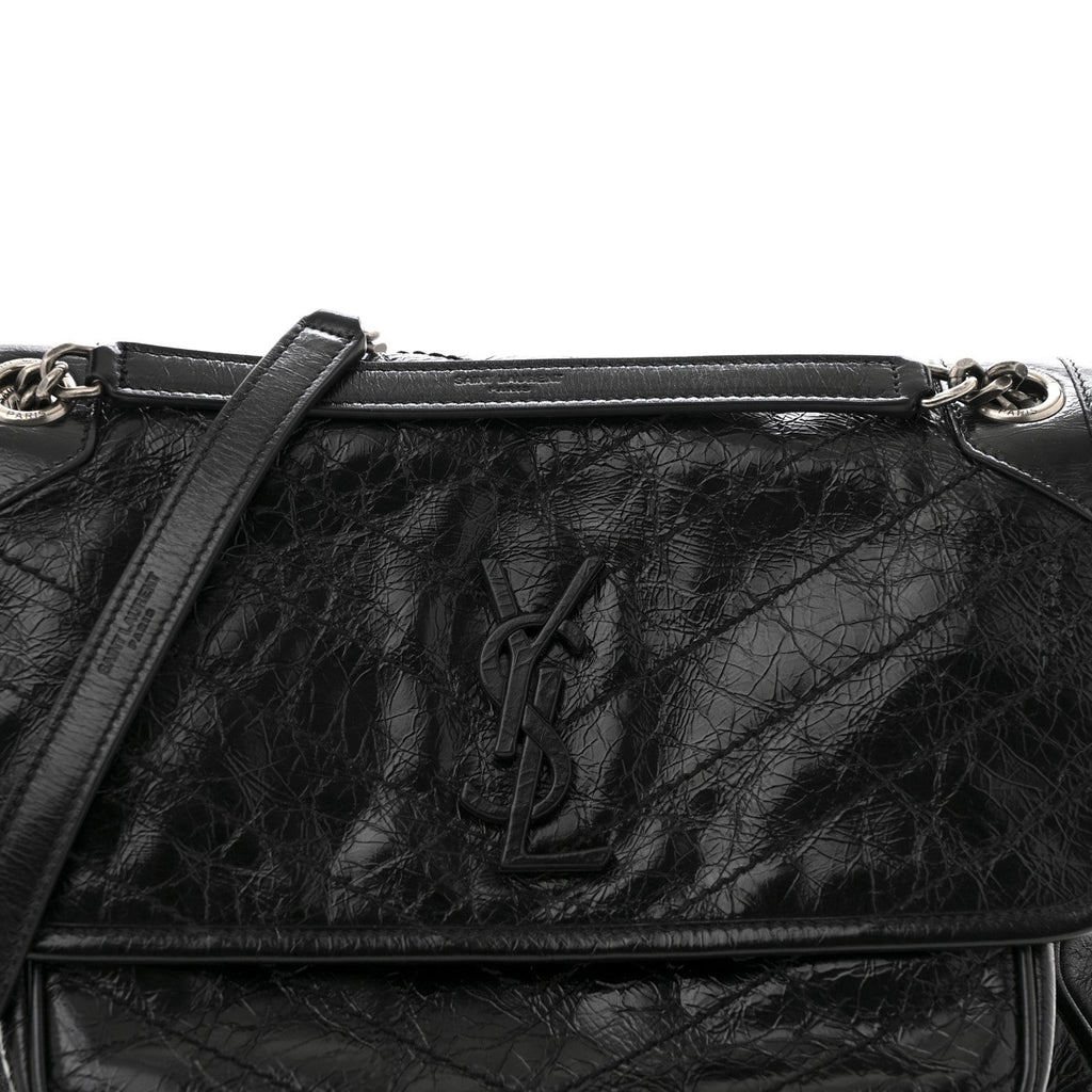 Crinkled Calfskin Matelasse Monogram Medium Niki Chain Satchel Black