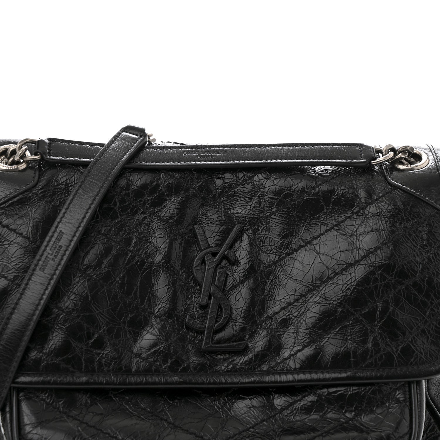 Crinkled Calfskin Matelasse Monogram Medium Niki Chain Satchel Black