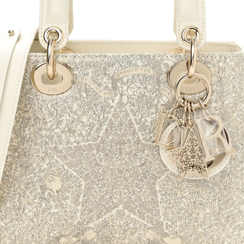 Calfskin Around The World Printed Small My ABCDior Lady Dior White Gold