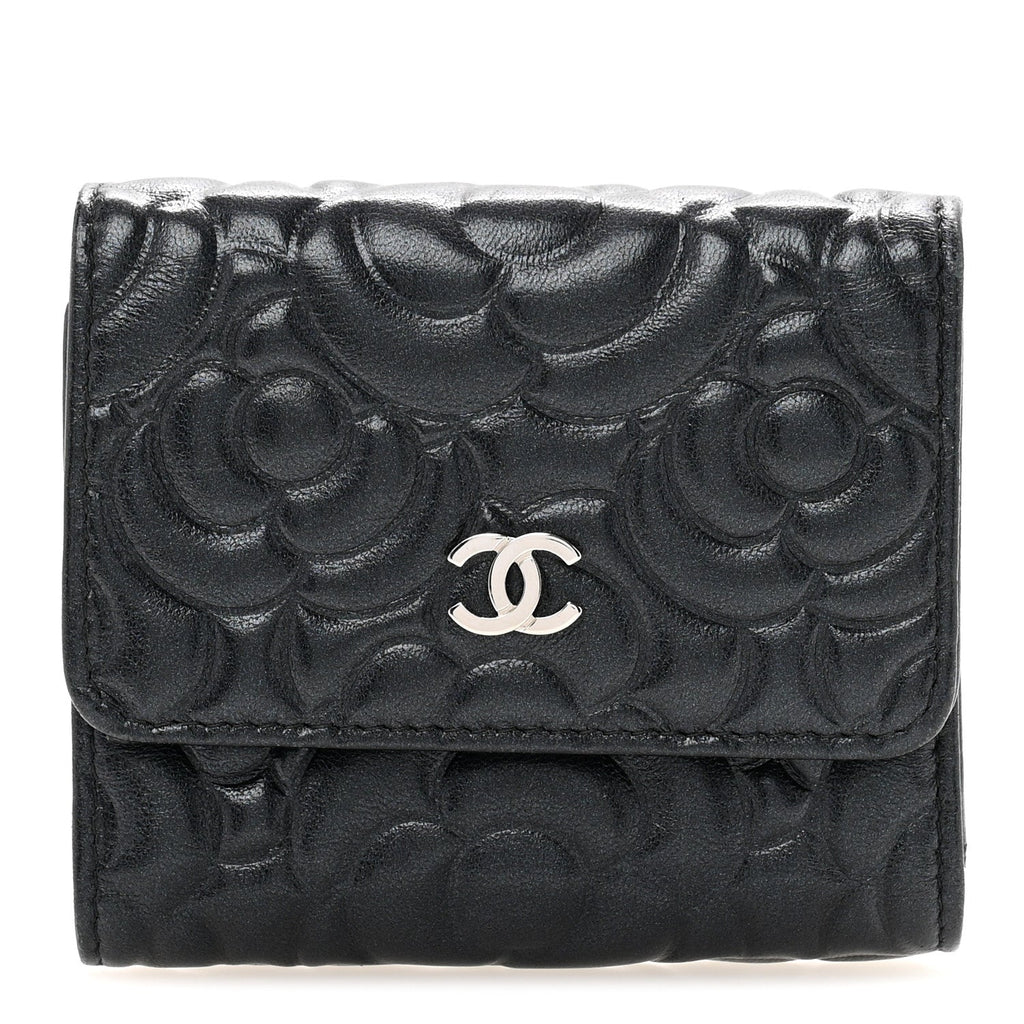Lambskin Camellia Embossed Small Double Wallet Black