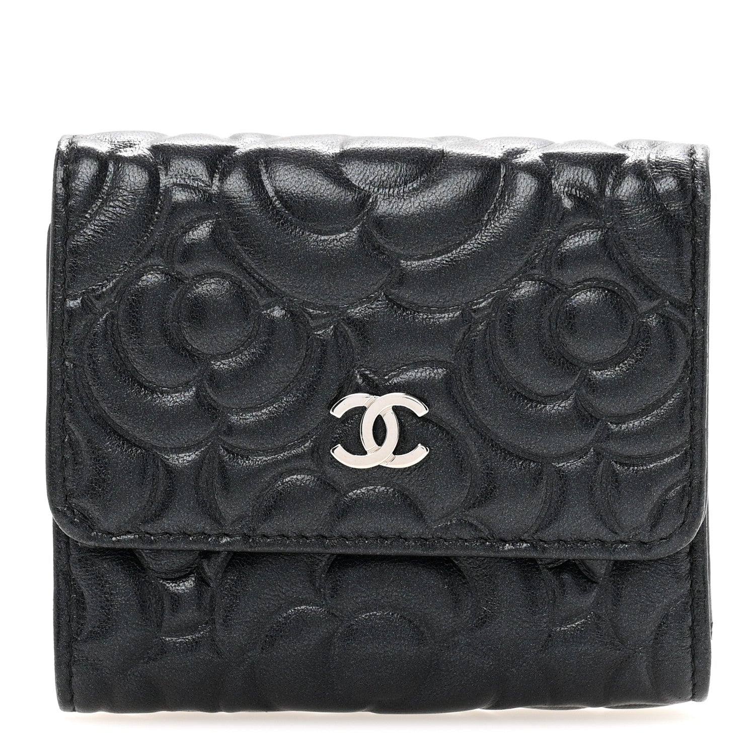 Lambskin Camellia Embossed Small Double Wallet Black
