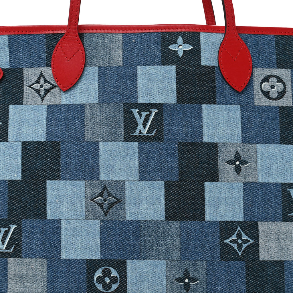 Denim Damier Monogram Patchwork Neverfull Blue Rouge