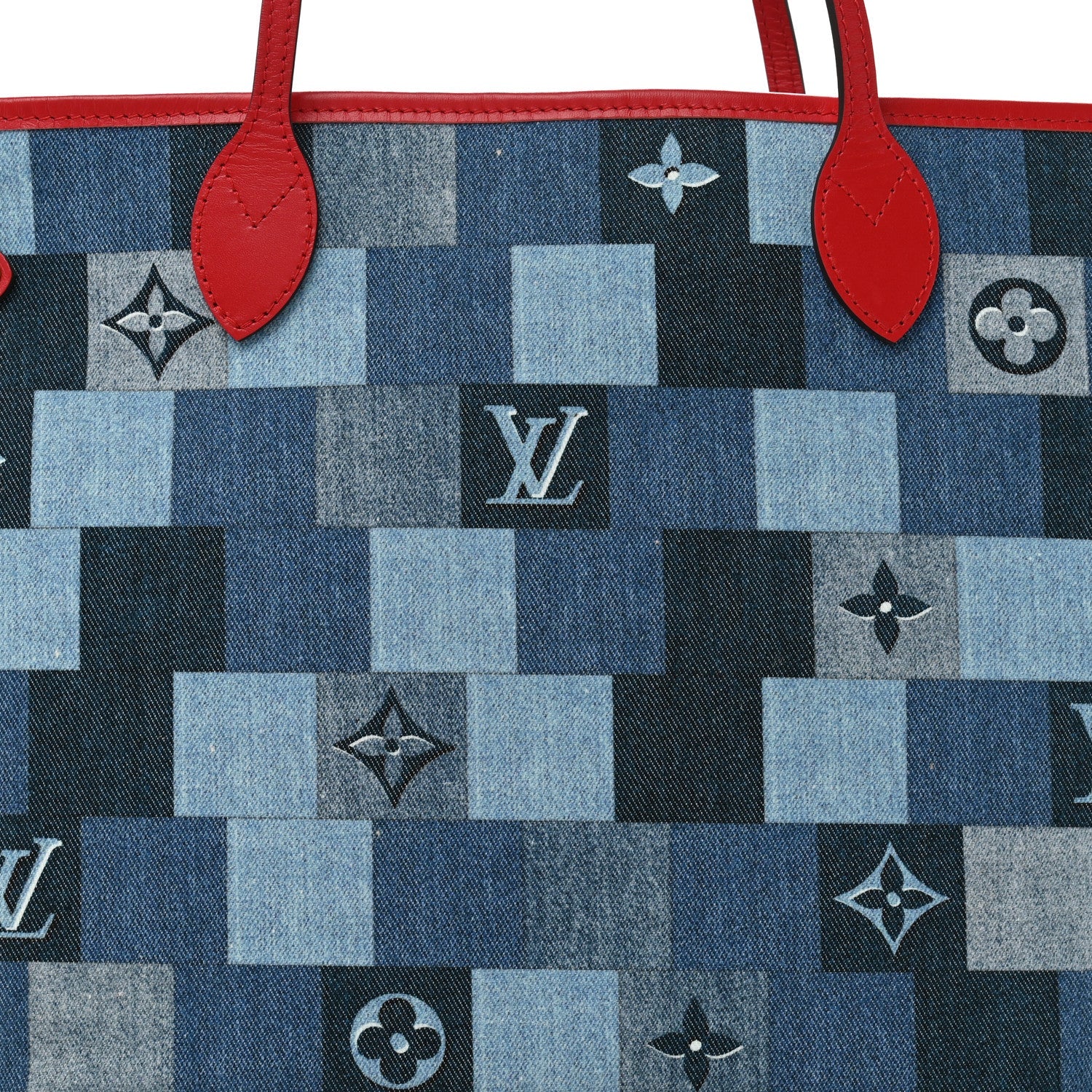Denim Damier Monogram Patchwork Neverfull Blue Rouge