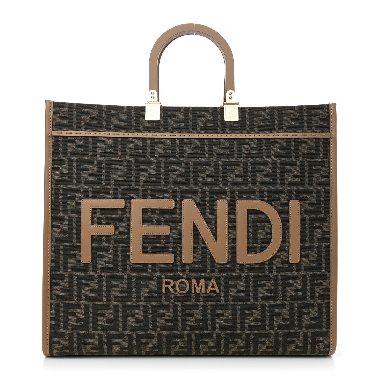 Fabric Jacquard FF 1974 Logo Large Fendi Sunshine Shopper Tote Tobacco Moro Sand