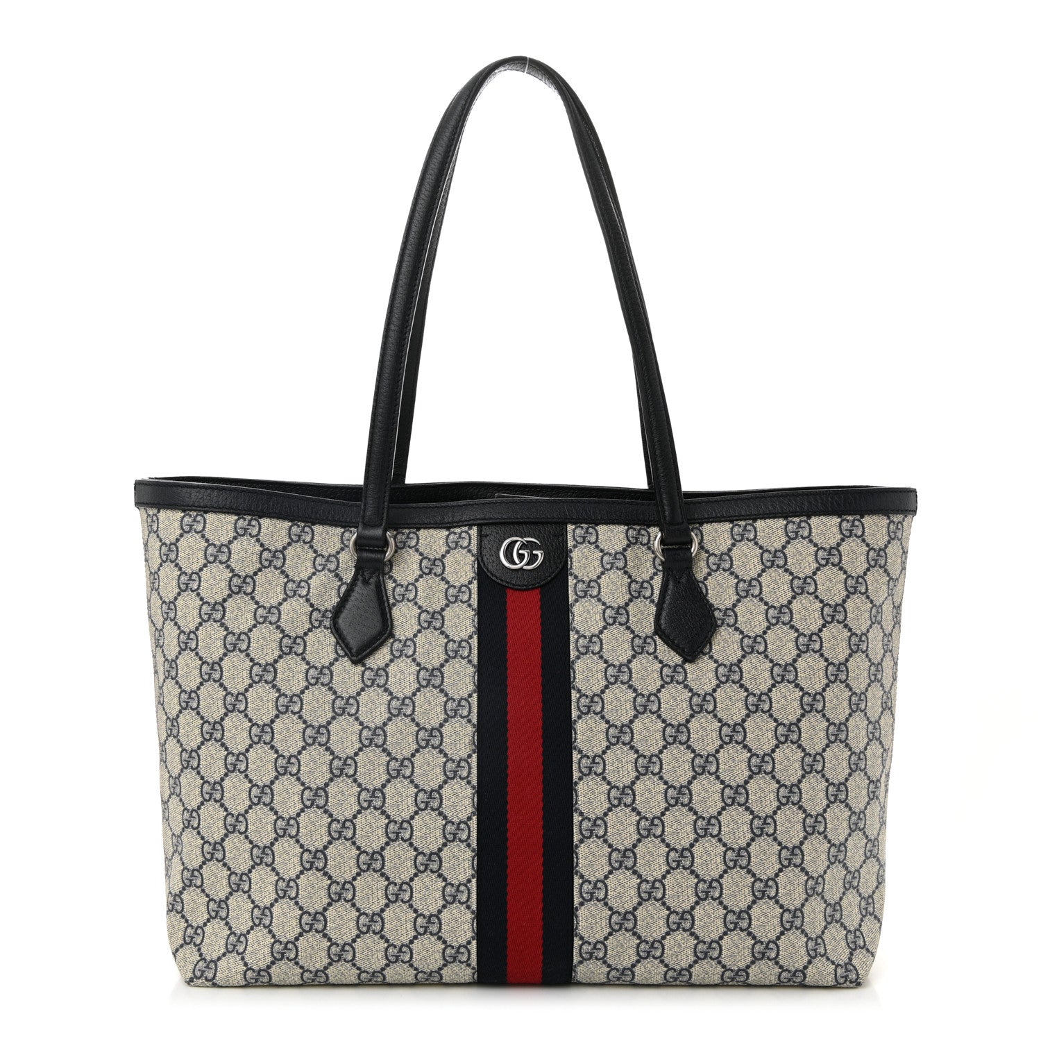 GG Supreme Monogram Textured Calfskin Web Medium Ophidia Shopping Tote Beige Blue