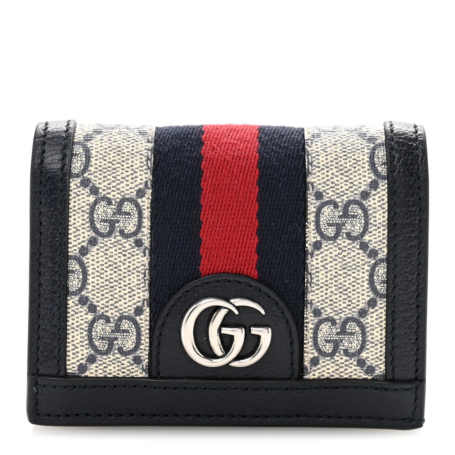 GG Supreme Monogram Textured Dollar Calfskin Web Ophidia Card Case Beige Blue