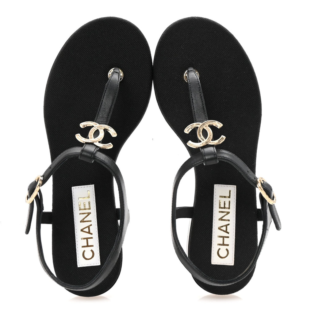 Lambskin CC Logo Thong Sandals 36 Black