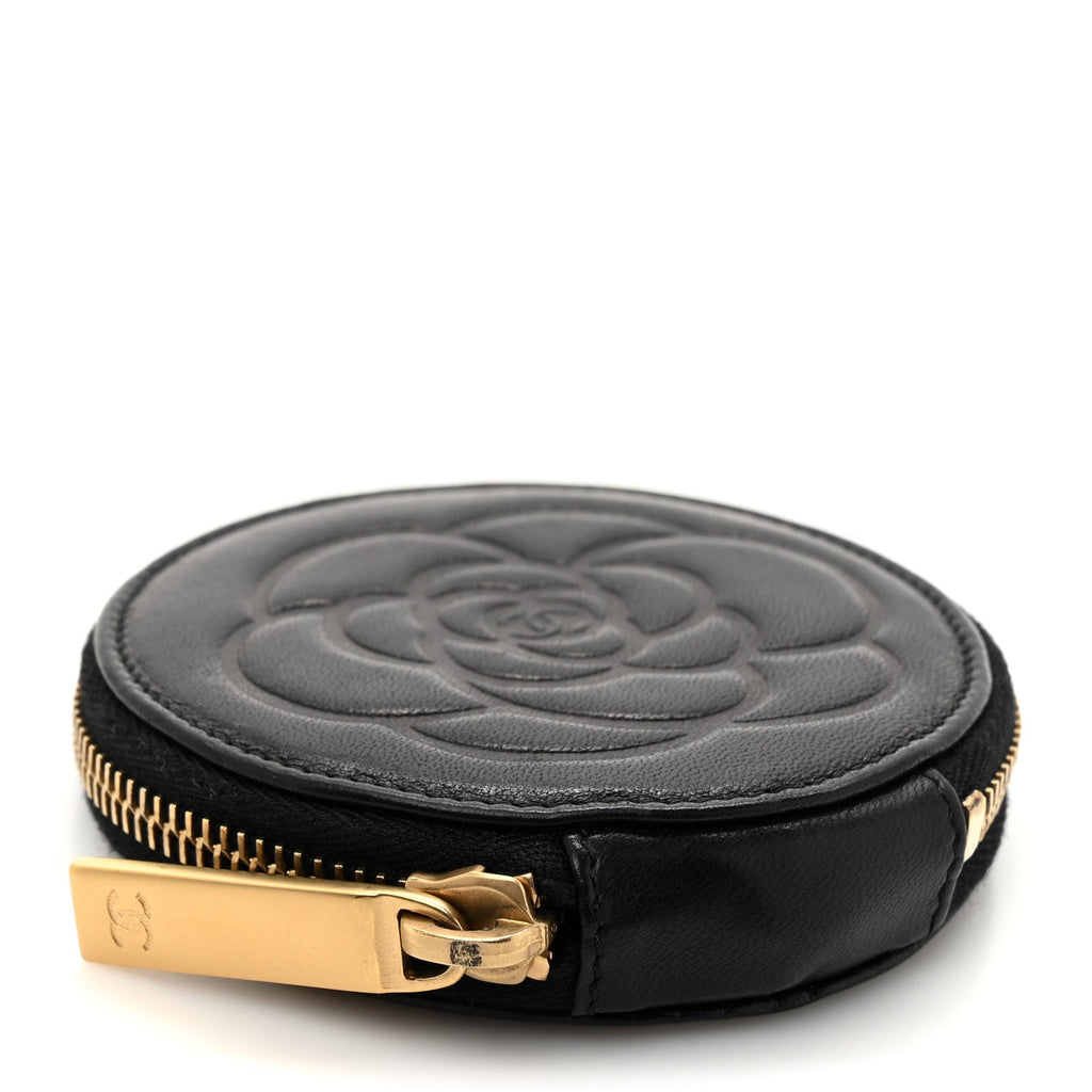 Lambskin Round Camellia CC Coin Purse Black
