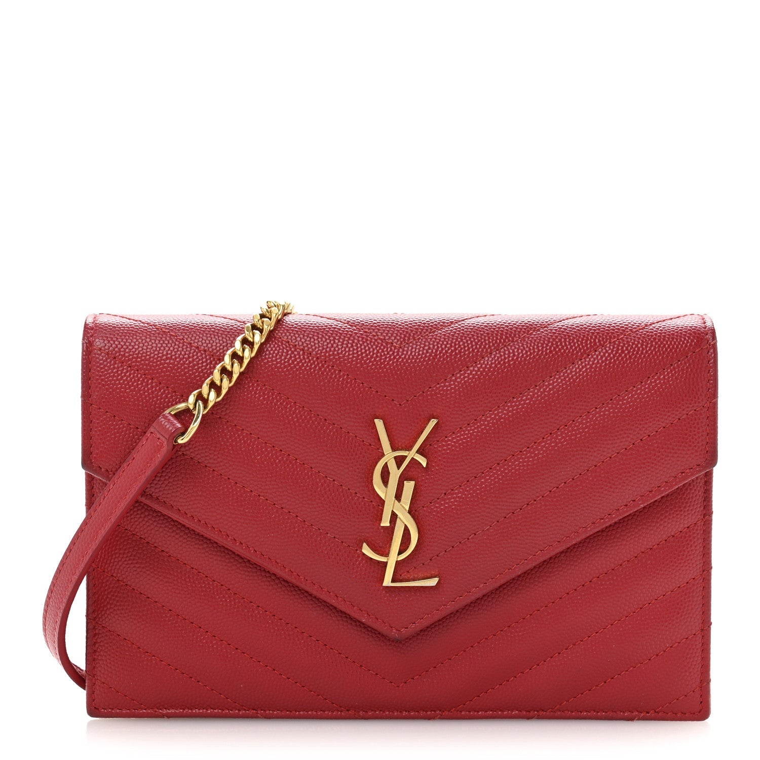 Grain De Poudre Matelasse Chevron Monogram Envelope Chain Wallet New Red