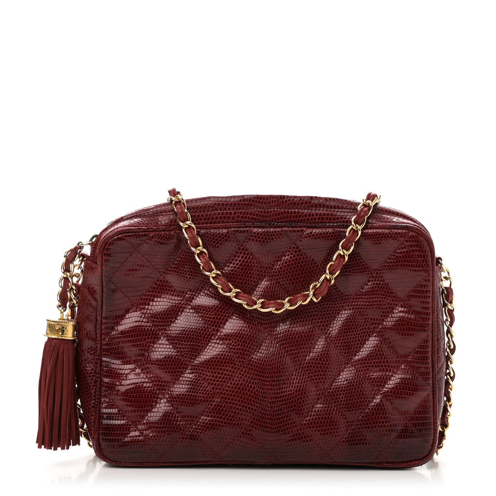 Lizard Quilted Small Tassel Camera Case Burgundy