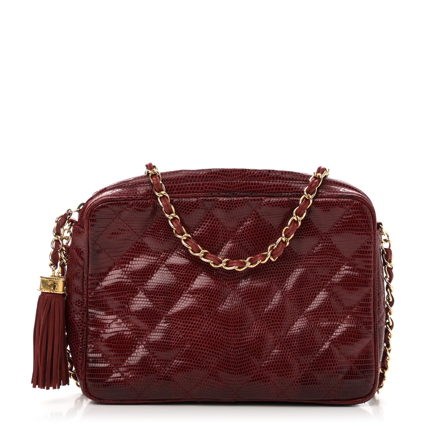 Lizard Quilted Small Tassel Camera Case Burgundy
