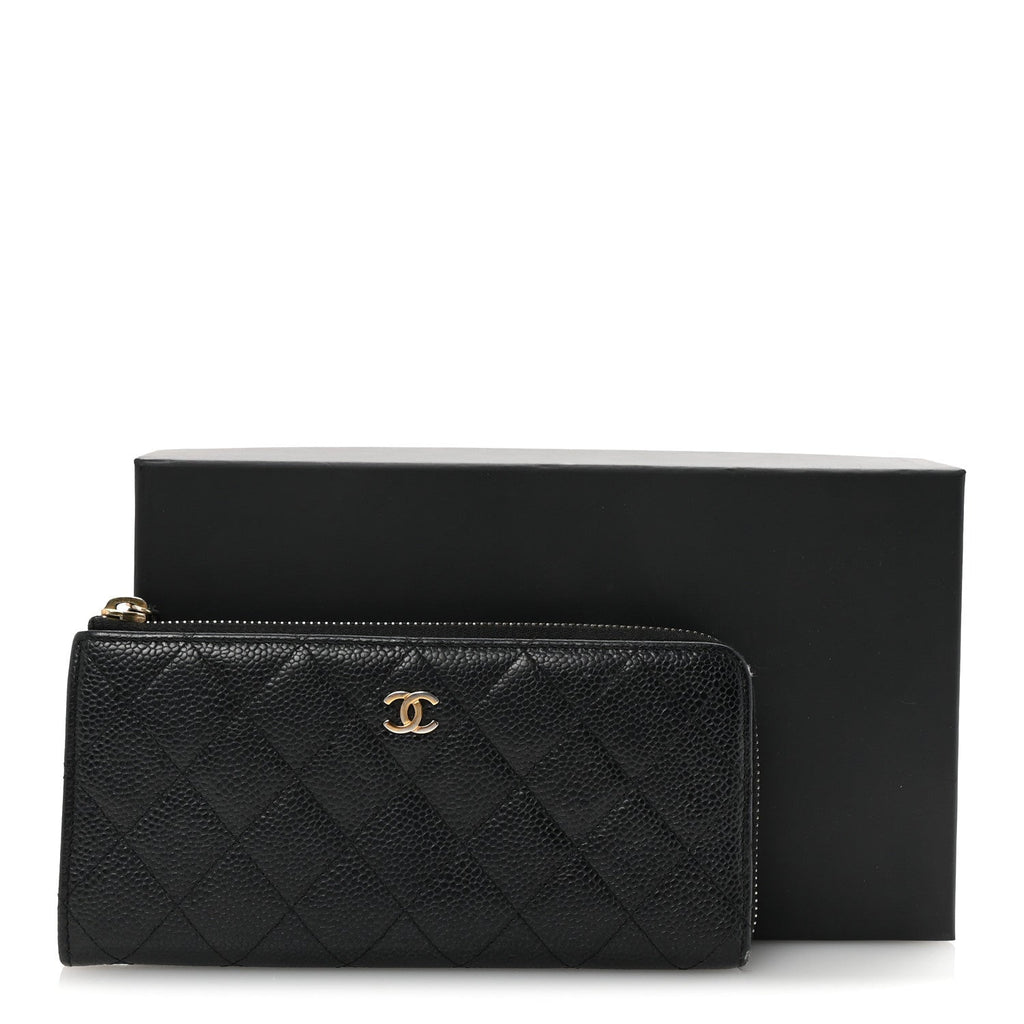 Caviar Quilted Zip Around Clutch Wallet Black
