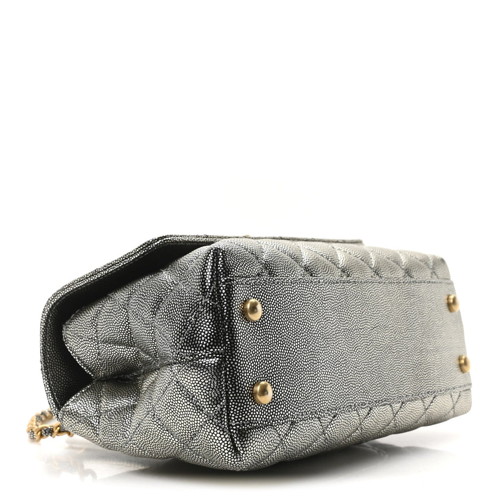 Metallic Caviar Quilted Mini Coco Handle Flap Silver