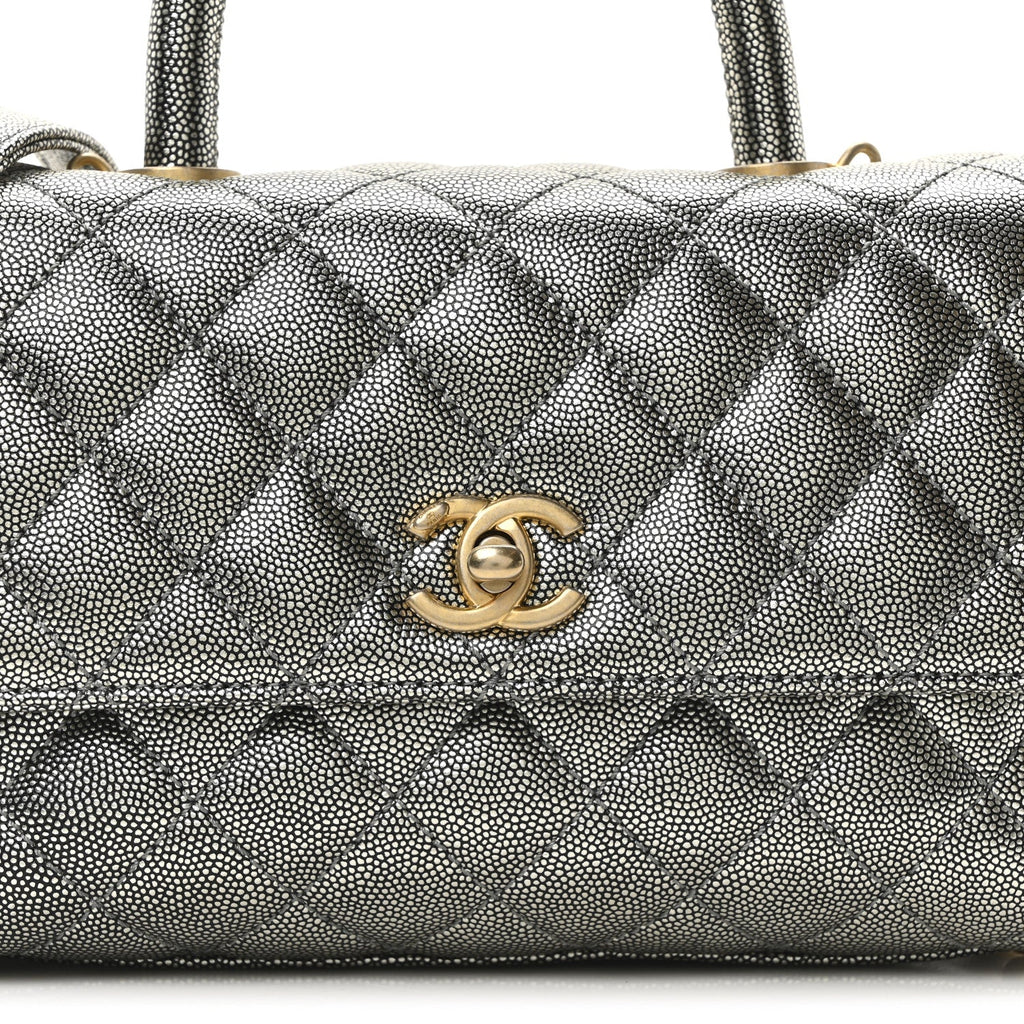 Metallic Caviar Quilted Mini Coco Handle Flap Silver