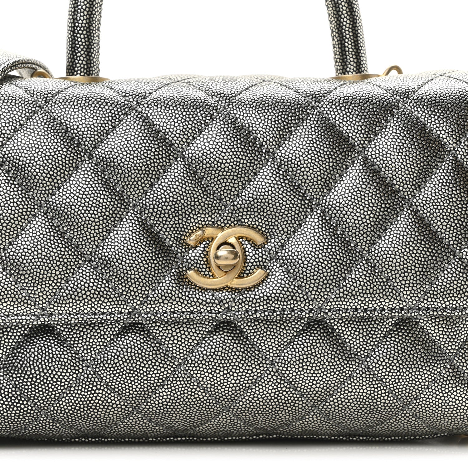 Metallic Caviar Quilted Mini Coco Handle Flap Silver
