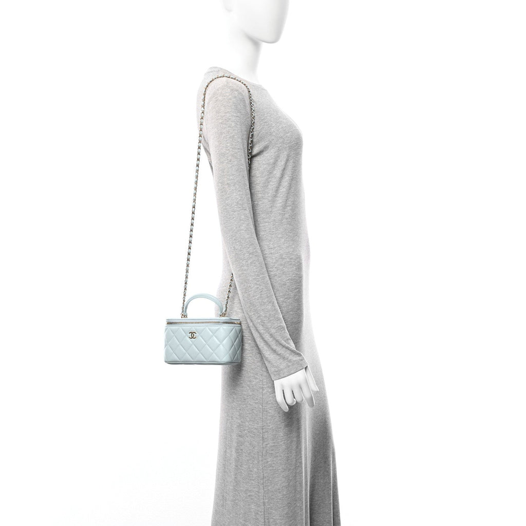 Lambskin Quilted Small Top Handle Vanity Case With Chain Light Blue